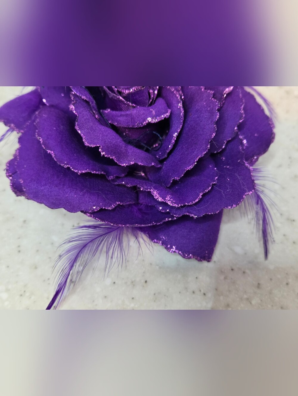 Purple Fabric Rose Flower Brooch Pin Hair Clip Glitter Feather 4" Statement - Picture 3 of 5